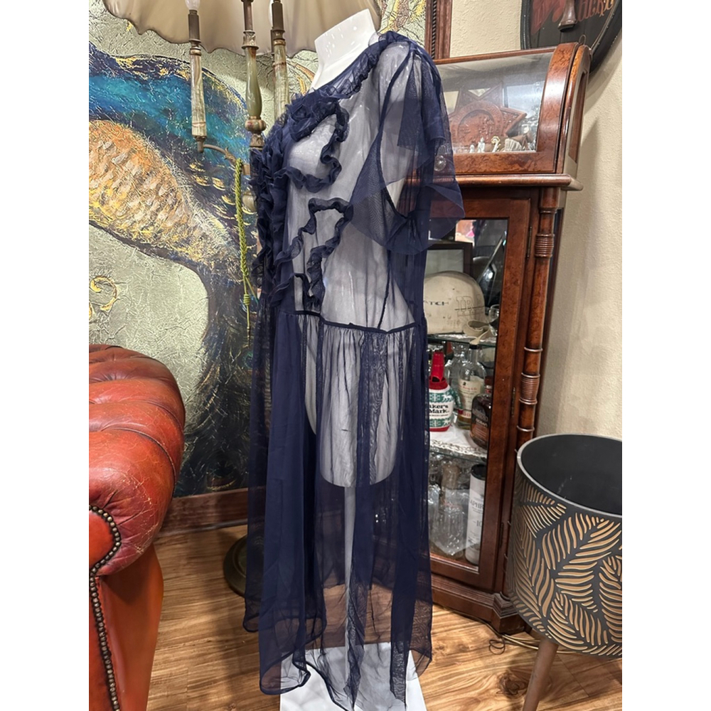 Women's Vince Camuto Navy Sheer Ruffle Dress L - Picture 4 of 8
